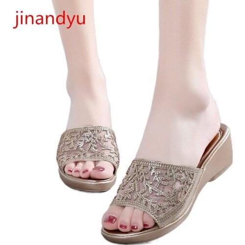 Rhinestone Heels Woman Slippers Platform Slide Sandals Fashion Casual Summer Shoes Gold Black Heels Comfy Women Wedge Sandals