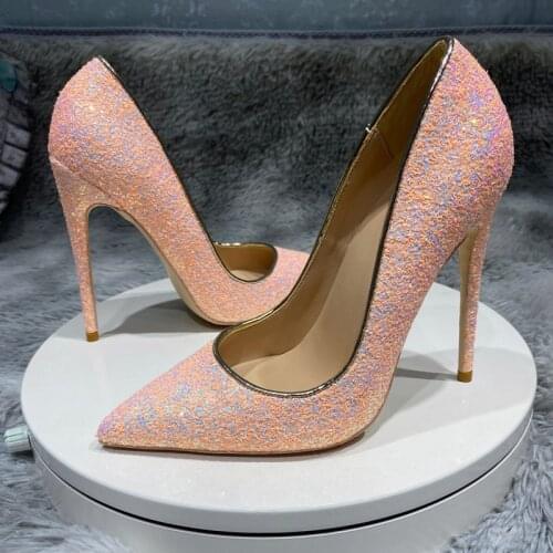 Womens Stiletto 12cm High Heels Pink Green Glitter Party Wedding Shoes Woman Sexy Super Heels Pumps Women LF024 ROVICIYA