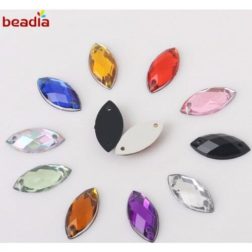 7*15mm 50Pcs 10Colors Crystal Acrylic Rhinestone Beads Sew 2 Holes For Dancing Dress Clothing Shoes Wedding Decoration DIY Craft