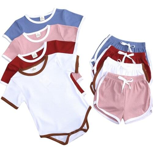 0-2Yrs Bbay Boys Clothes Outfits 4Colors Kids Girls Short Sleeve Romper Tops Shorts 2Pcs Summer Clothing Suits