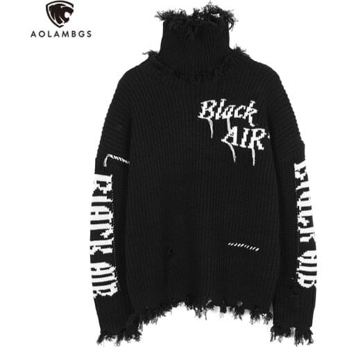 Aolamegs Men Letter Knitted Tassel Black Turtleneck Sweater For Winter Warm Oversize Cozy Hip Hop High Street Punk Cool Pullover