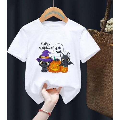 Halloween Bat Cartoon Print White T-shirts Children Kawaii Baby Cute Tops Tee Baby Gilr Boy Present Clothes,Drop Ship