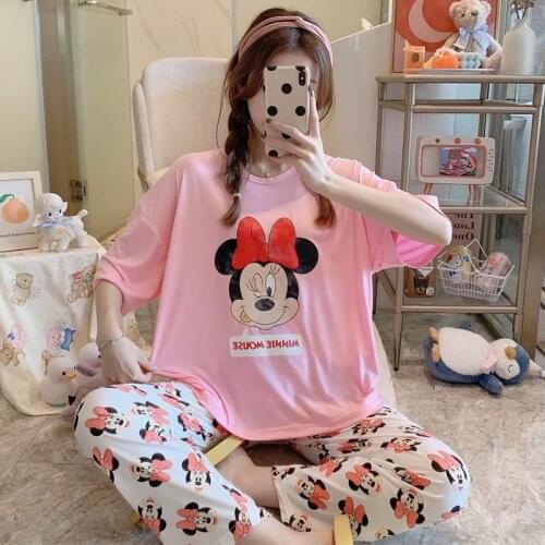 Disney Girl Cartoon Minnie Daisy Bear Squirrel Ladies Short-Sleeved Pajamas Female Cute Multicolor Home Service Round Neck Suit