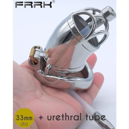 FRRK Metal Chastity Cage with Uretral Stimulator Steel Penis Ring Male Bondage Gear Sex Products Shop BDSM Sexsual Toys for men