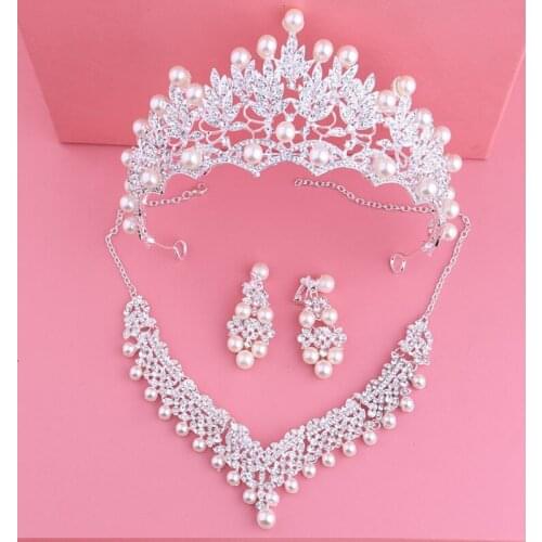 Headdress Crown Necklace Earrings Three-piece Set Korean Wedding Hair Accessories Set Annual Meeting Wedding Dress Accessories