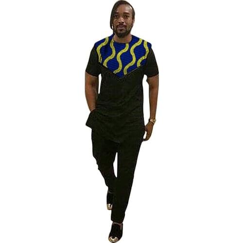 African fashion mens set dashiki shirt with pant 2 pieces wax print with black mix tops+trousers Africa clothing customized