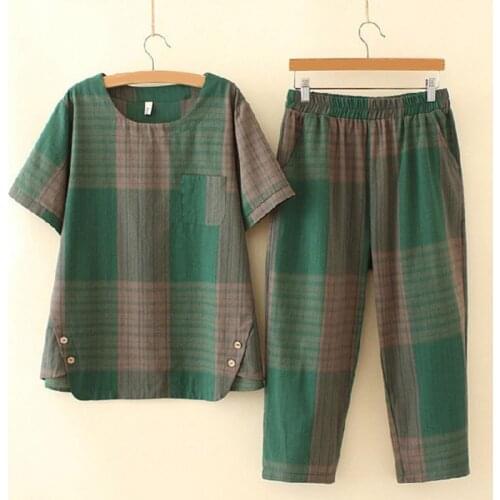 Womens Pant Suits 2 Piece Version of The Summer Pullover Large Size Plaid Two-piece Loose Top Printing Short Sleeve Pants Sets