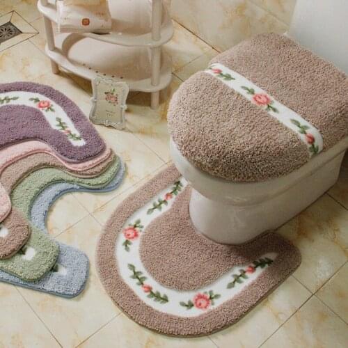 Pastoral Style Toilet Rug Flower Pattern Bathroom Mat Set U Shape Carpets Floor Decor Bath Fiber Lid Cover