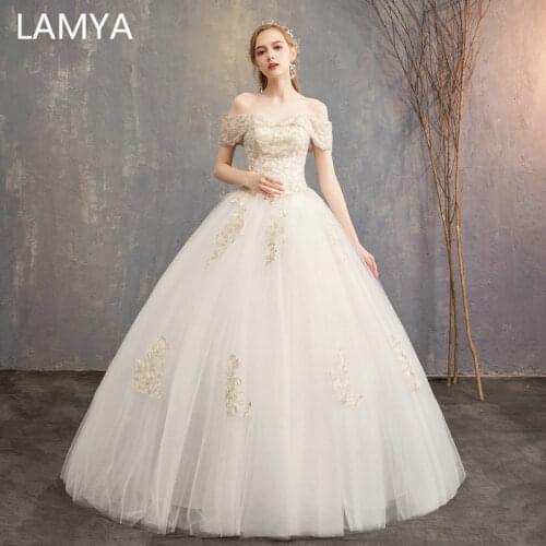 LAMYA Plus Size Embroidery Wedding Dresses Princess Boat Neck Bridal Gowns Lace up Ball Gown Wed Dresses Robe De Marie Simple