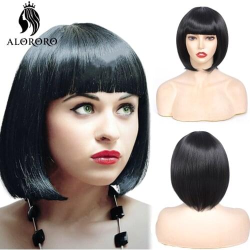 Alororo Black Bob Wig 10 Inches Short Synthetic Wig with Bangs Natural Soft High Temperature Wire Daily Available Wigs for Women