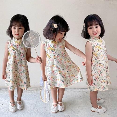 Toddler Girls Chinese Style Vest Dress 2021 Summer New Kids Floral Sleeveless Cheongsam Dress Baby Girl Dress Children Clothing