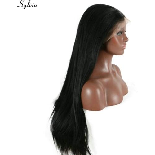 Sylvia 1b# Yaki Straight Wig Synthetic Lace Front Wigs Heat Resistant Fiber Black Hair For Women