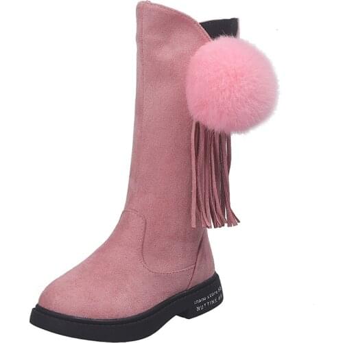 Winter Kids Boots Girls Shoes Solid Color Tassel Ball Long Boots Children Girls Snow Boots Plush Warm Cotton Shoes
