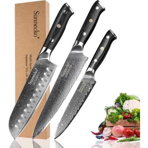 SUNNECKO 3pcs Kitchen Knives Set Santoku Chef Utility Knife Damascus Steel Japanese VG10 Blade G10 Handle Meat Fruit Cutter Tool