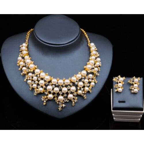 Wedding accessories bride jewelry fashion jewelry dubai gold color simulated pearl necklace stud earring free shipping