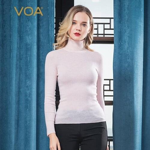 VOA Soft 60 Sticks Worsted Cashmere Female Double Layer Collar Long Sleeve Straight Skin Friendly Pullover R1018