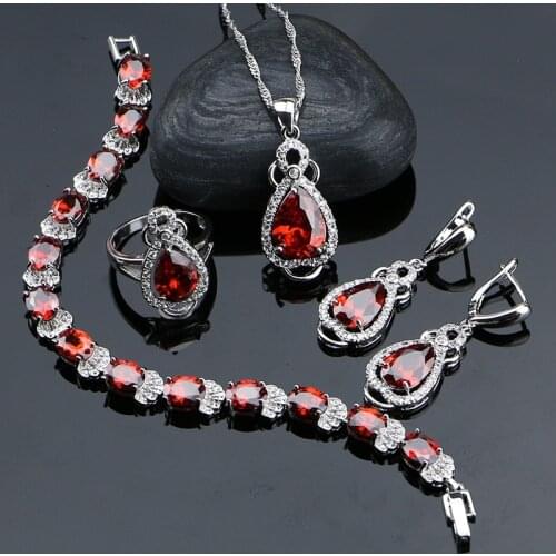 925 Sterling Silver Jewelry Red Cubic Zirconia With White Beads Jewelery Sets For Women Bracelet/Earrings/Ring/Pendant/Necklace