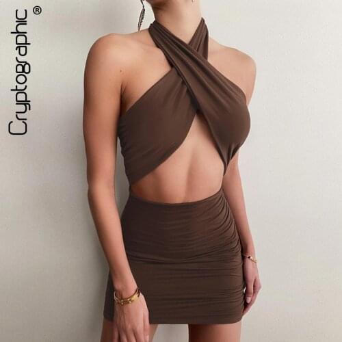 Cryptographic Fashion Criss Halter Cut-Out Bandage Sexy Mini Dress Bodycon Sleeveless Summer Bodycon Dresses Ruched Club Party