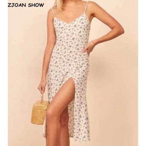 Vintage French Tube Top Women Dress Floral Print Spaghetti Strap Mid-Calf Slit Dresses Slim Vestidos Female Clothes