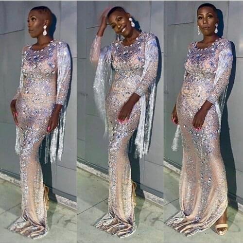 2019 Fashion Tassel Beaded Round Neck Gowns Elegant Women Long Sleeve Sexy Backless Bodycon Celebrity Evening Party Long Dresses