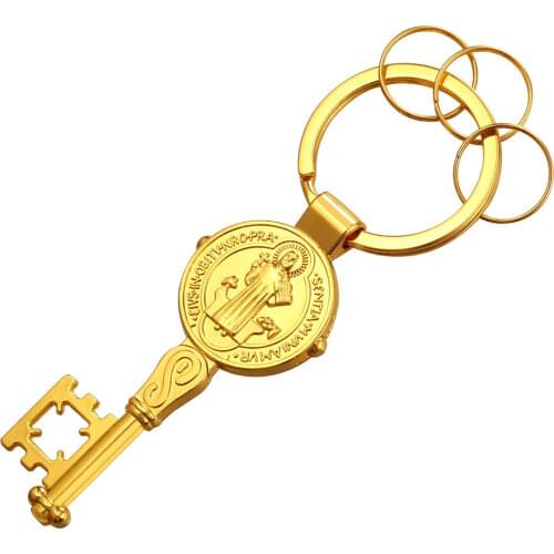 Collare Key Chain Saint Benedict Medal Key Shape Gold/Silver Color Key Holder Women Men Key Pendant Wholesale Key Rings K104