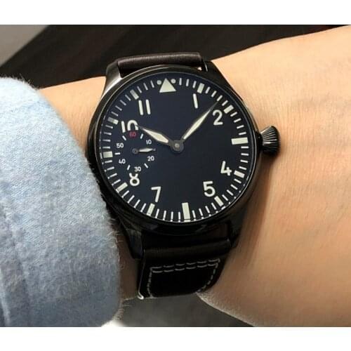 44mm GEERVO black dial 17 jewels Asian 6497/3600 Mechanical Hand Wind movement mens watch PVD case Mechanical watch gr197a