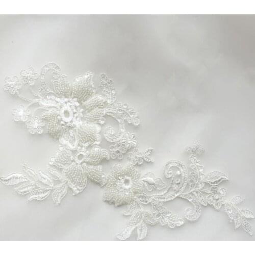 Ivory 1 Pair Nylon 3D Beading Embroidered Wedding Lace Patches Sew On Lace Appliques For Gowns DIY Meterial