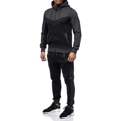 2Pcs Men Spring Autumn Sportswear Color Splicing Hooded Long Sleeves Coat + Elastic Waist Pants Jogging Suit 2021 New Fashion