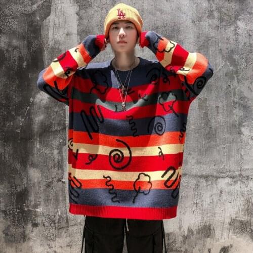 EukaaRu Rainbow Striped Sweater Men Hip Hop Graffiti Loose Knit Sweater Mens Autumn Winter Clothing Woman Oversized Sweatershirt