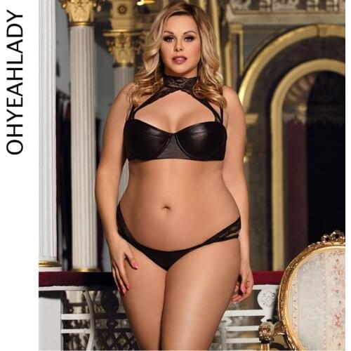 Ohyeahlady Sous Vetement Femme Erotique PU Faux Leather Sexy Nightwear Halter Bras G-string Lingerie Set Plus Size RJ80433