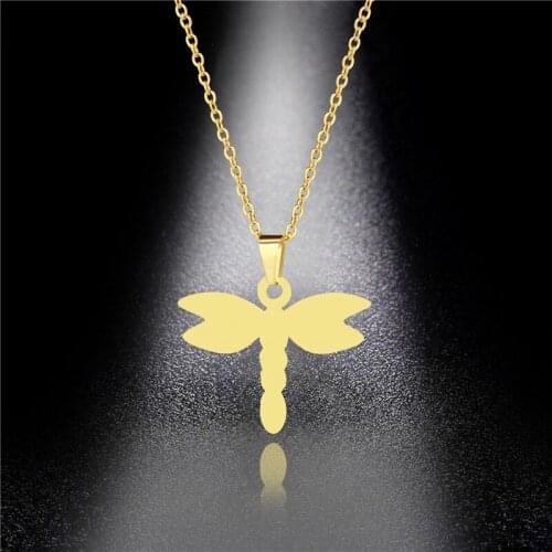 Gold Color Stainless Steel Cute Dragonfly Pendant Necklace for Women Fashion Chains Necklaces Choker Collares Goth Jewelry