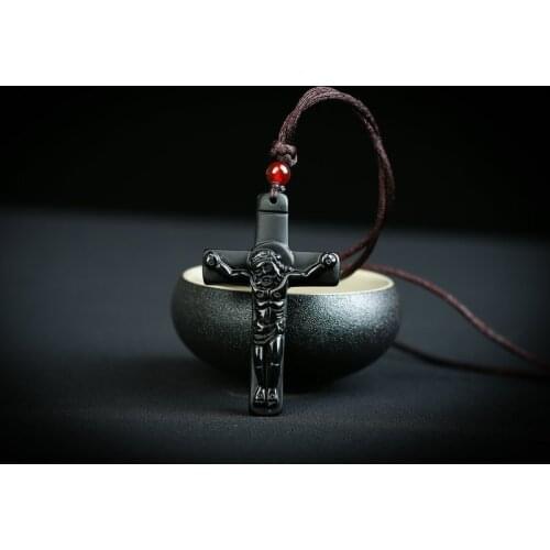 Natural Hand Carved Obsidian Cross Jade Pendant Jewelry Necklace Natural Ice Men and Women Fashion Simple Jewelry Gifts