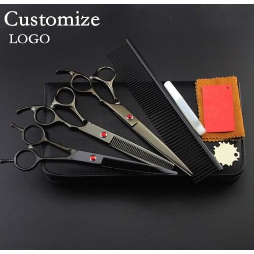 Customize professional Black 4 kit Pet 7 inch shears dog grooming hair scissors thinning cutting barber hairdressing scissors