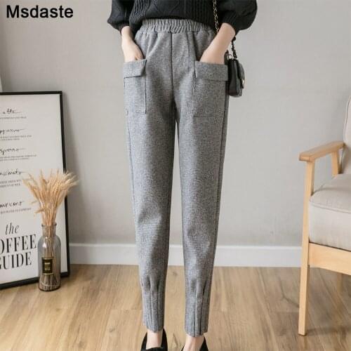 Woolen Pencil Pants For Women Elastic Waist Female Fall Autumn Spring Wear Ladies Trousers New Woman Plaid Casual Harem Pants