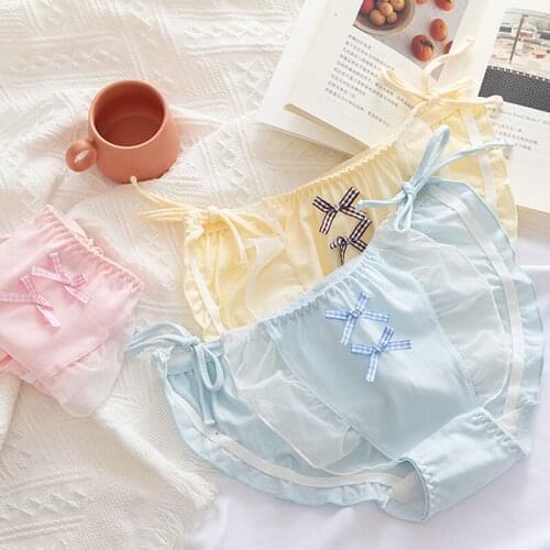 Japanese underwear girl lace-up cute sweet bow lace large size cotton crotch low waist briefs head