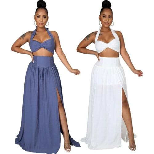 RStylish Plus Size 2021 Summer Solid Color Halter Backless Crop Top High Waist Pleated Side High Slit Sexy Two Piece Skirt Set