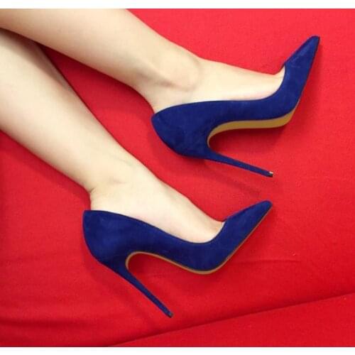 Free shipping fashion sexy women pumps navy suede pointy toe heels stiletto heel women high heels 12cm big size 44 party shoes