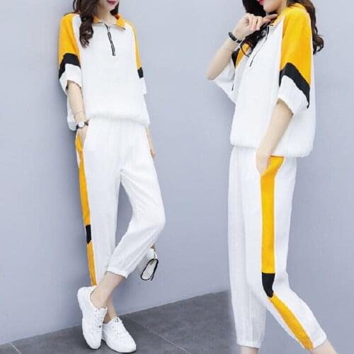 Pants Sets Women 2020 Summer Sports Two-piece Loose Large Size Sports Shirt Nine Points Pants Casual Two-piece Suit Women A965