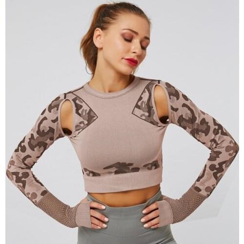 Womens Sports Top Fashion Fitness Shirt Camouflage Knitted Sexy Top Breathable Mesh Yoga T-Shirt Gym Cropped Shirt Running Top