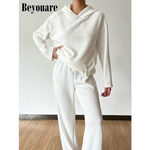 Beyouare Knitting Loose Casual Women Two Piece Suit Long Sleeve Hooded Sweatshirt Elastic Waist Trousers 2020 Autumn Fashion Set