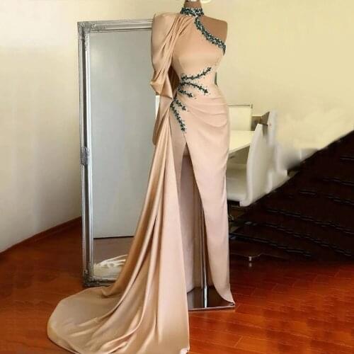 High Neck Mermaid Evening Dresses Crystal Beaded Slit Prom Party Gowns Satin Pleats Women Formal Party Gowns Prom Dress