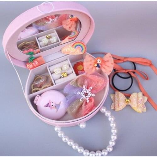 1set Princess hair accessoires pearl bag kids elastic bow hair bands baby girls unicorn hairclip cute mirror comb earring gift