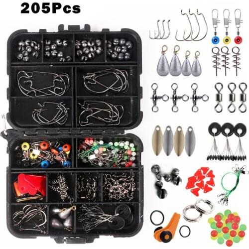 205Pcs/Box Fishing Accessories Kit Including Crank Hook Rolling Swivel Lead Sinker Fishing Swivels Snaps