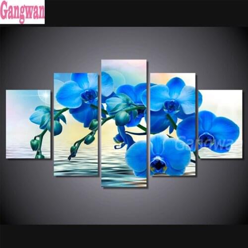 5 Pcs Blue Orchid Flower For Living Room Decoration Painting diamond painting stitch cross diamond embroidery full drill mosaic