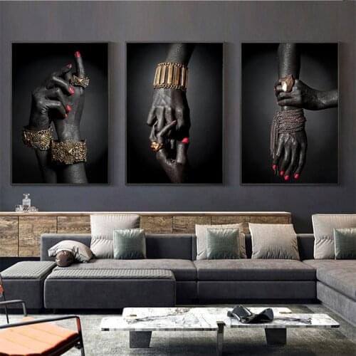 African Black and Gold Woman Hand Oil Painting on Canvas Posters and Prints Scandinavian Wall Art Picture for Living Room Decor