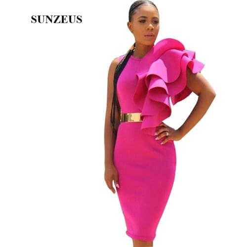 African Women Cocktail Party Dress Sheath Knee Length Fuchsia Dresses Cocktail Ruffles vestido coctel corto