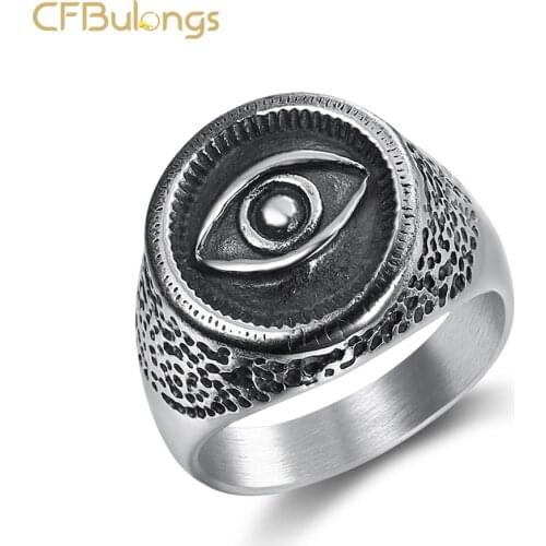 CFBulongs Punk Style Round Devil Eye Mens Ring Black 316L Stainless Steel Bicycle Men Jewelry Party Gifts