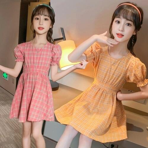 Children Clothing Girls Dress Summer Fashion Chiffon Outfits for Teenager Girl Plaid Puff Sleeve Princess Vestidos Kid Costume