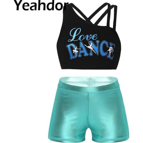 Kids Girls Ballet Dance Outfit Dancewear Asymmetrical Shoulder Straps Print Cropped Tops with Shiny Shorts and Hair Ring Set