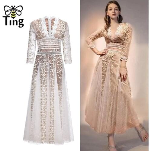 Tingfly Designer Runway Vintage V Neck High Waist Birthday Party Night Dresses Luxury Flower Embroidery Skater Dress Ball Elbise